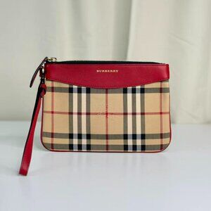 Burberry Signature Logo Clutch Red & Beige Checkered Design with Wristlet Strap
